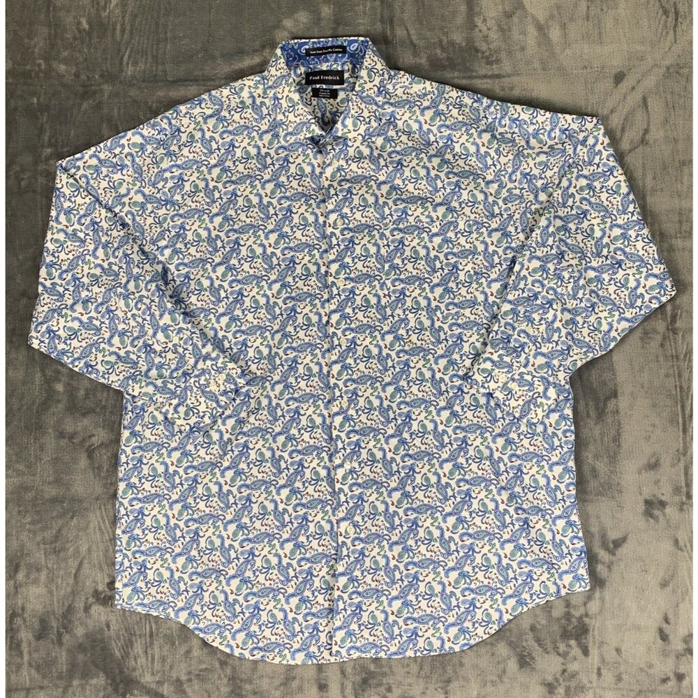 Paul Fredrick Paisley Button Up Shirt Blue Men’s 17.5 X 33 Classic Fit Hippie - Picture 1 of 8